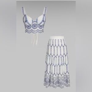 Commense White and Blue Geometric Skirt Set